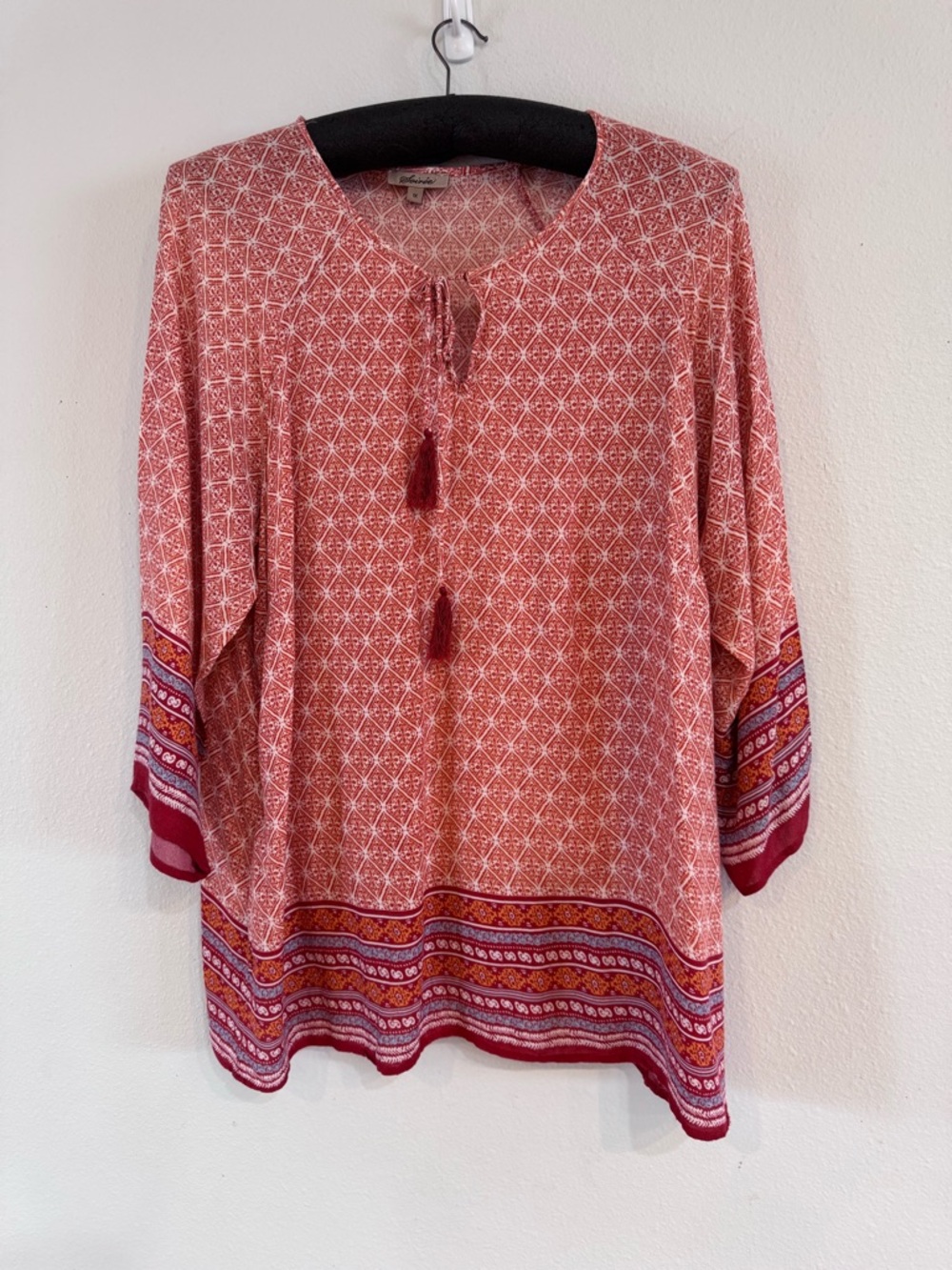 Boho Tunic Top Printed Rust/Cream Tassel Comfy Casual Plus Size Top 1X
